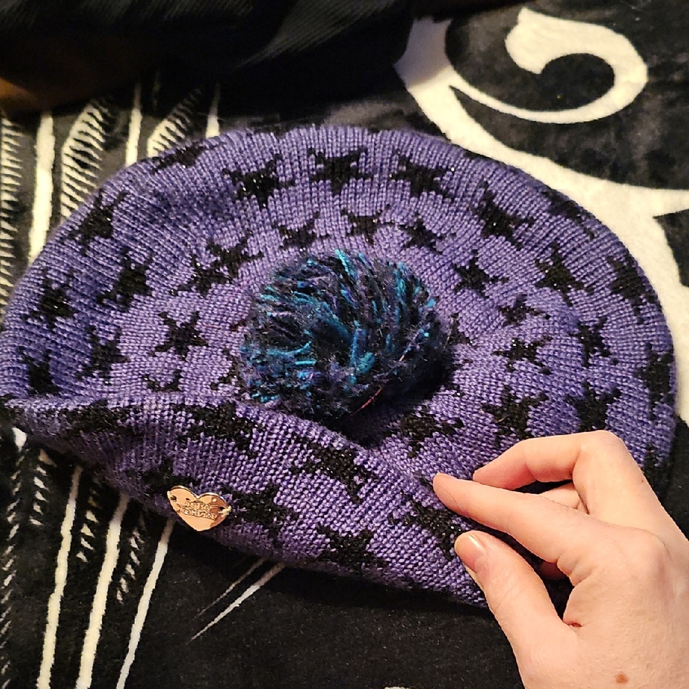 Betsey Johnson Purple Beret with Black Stars